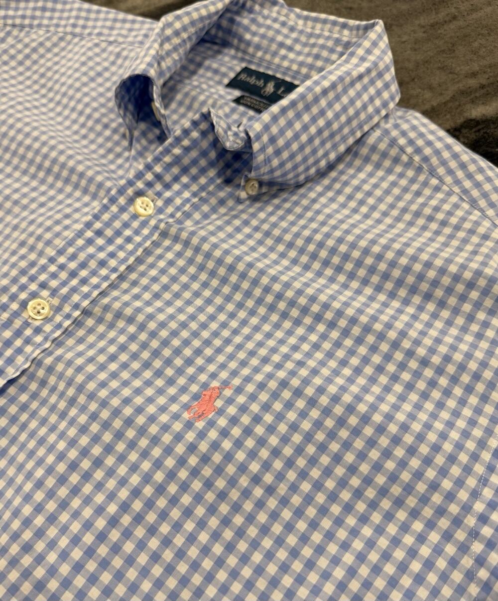 Ralph Lauren Yarmouth Dress Shirt Mens 15.5 32/33 Blue Gingham Pink Pony Cotton
